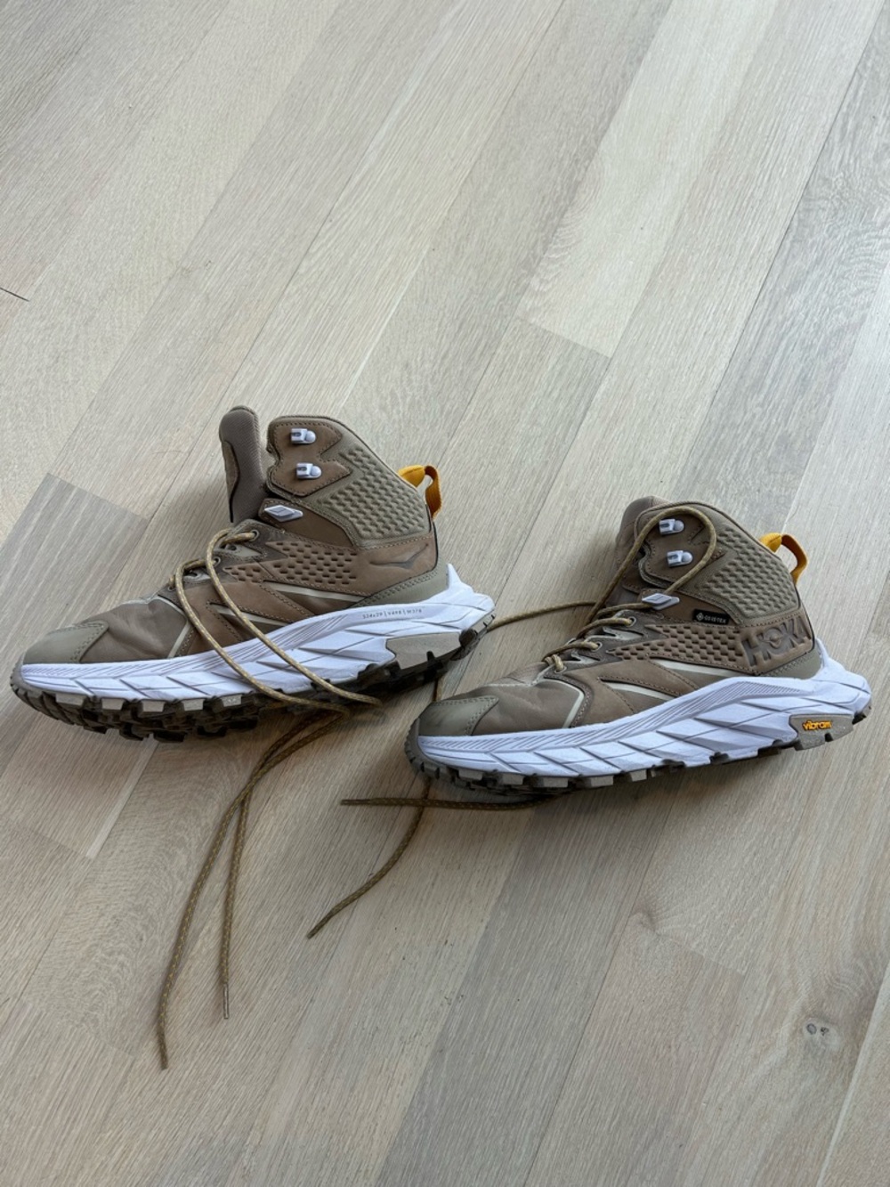 Hoka Anacapa Gore-Tex Brown and White Trail Mid-Top Sneakers with Yellow Accents